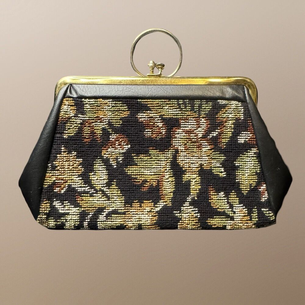 Vintage Floral Tapestry Carpet Needlepoint Hand Bag Purse Clutch